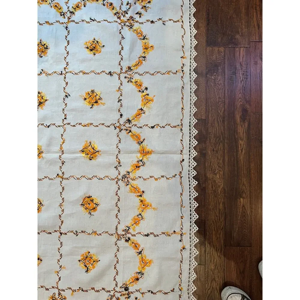 Vintage Embroidered Tablecloth Autumnal Orange Yellow Floral Crochet Lace Border